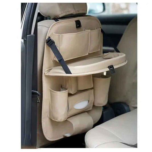 Car Seat Back Organizer in Beige with Foldable Dining Table Tray – Multi Pocket Storage Universal PU Leather
