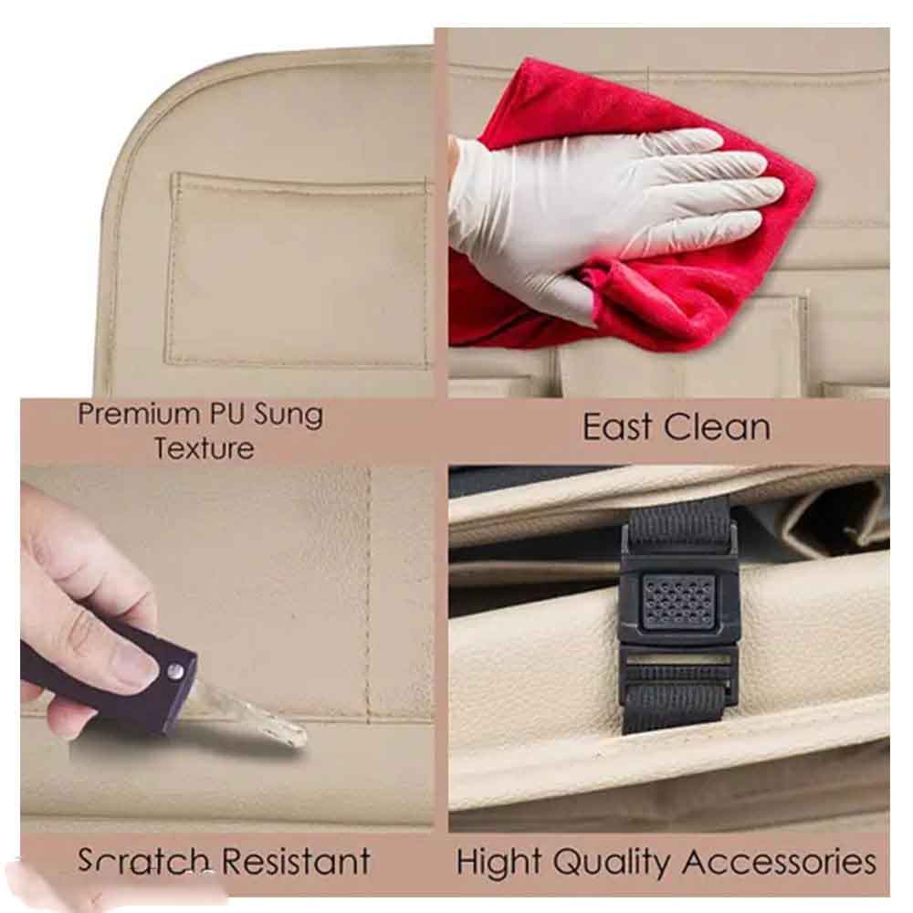 Car Seat Back Organizer in Beige with Foldable Dining Table Tray – Multi Pocket Storage Universal PU Leather
