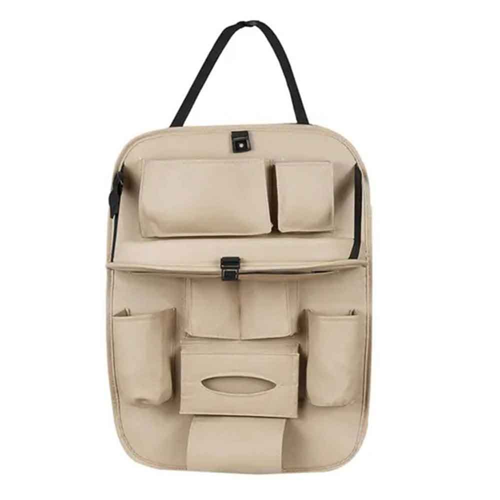 Car Seat Back Organizer in Beige with Foldable Dining Table Tray – Multi Pocket Storage Universal PU Leather