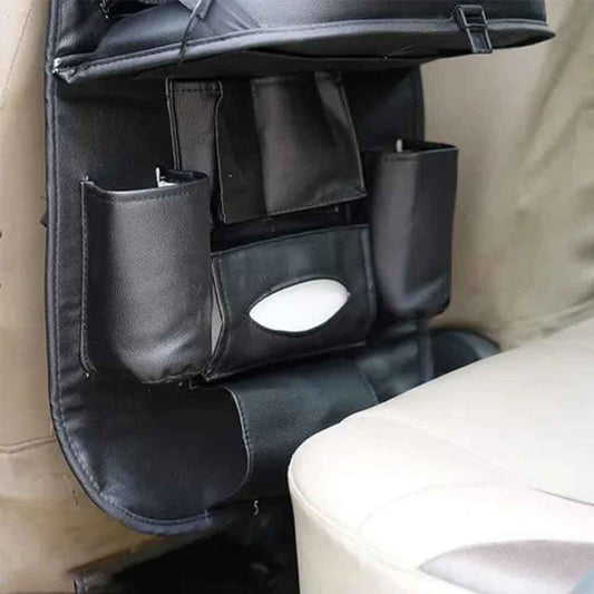 Car Seat Back Organizer in Black with Foldable Dining Table Tray – Multi Pocket Storage Universal PU Leather