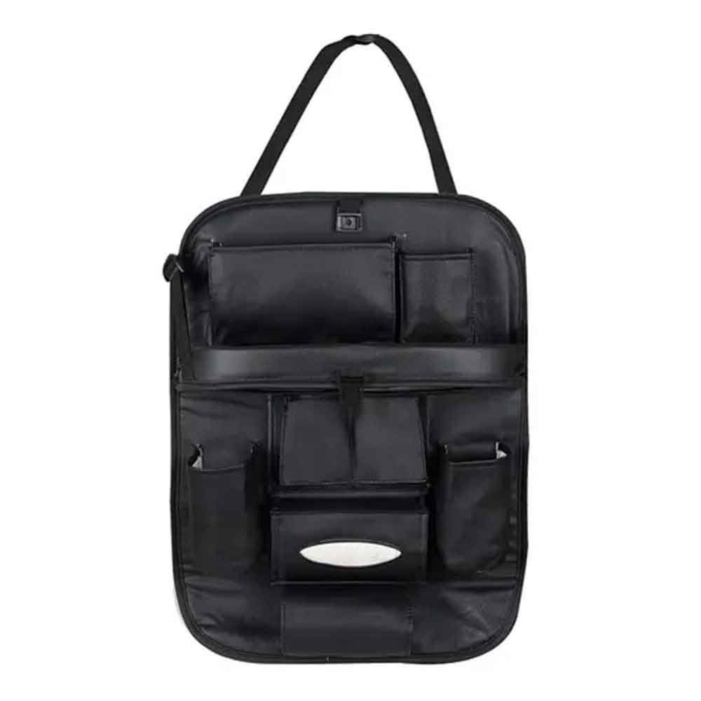 Car Seat Back Organizer in Black with Foldable Dining Table Tray – Multi Pocket Storage Universal PU Leather