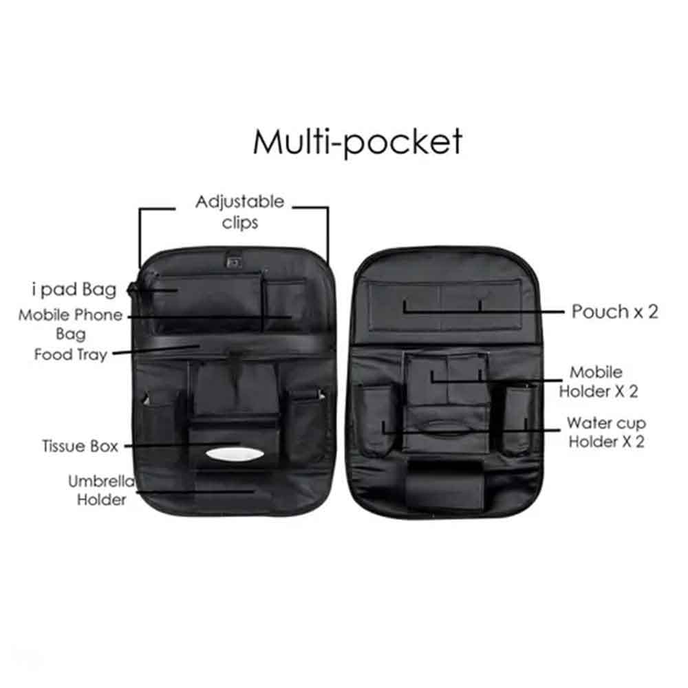 Car Seat Back Organizer in Black with Foldable Dining Table Tray – Multi Pocket Storage Universal PU Leather