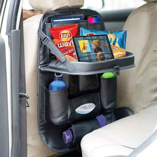 Car Seat Back Organizer in Black with Foldable Dining Table Tray – Multi Pocket Storage Universal PU Leather