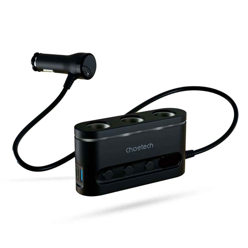 Cigarette Lighter Adapter Three Socket 200W with Two Type-C and Micro USB 68W Car Charger