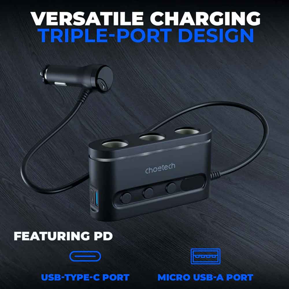 Cigarette Lighter Adapter Three Socket 200W with Two Type-C and Micro USB 68W Car Charger