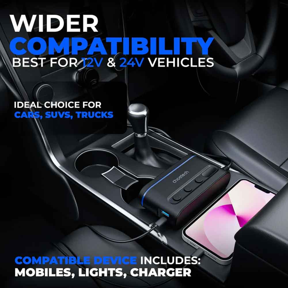 Cigarette Lighter Adapter Three Socket 200W with Two Type-C and Micro USB 68W Car Charger